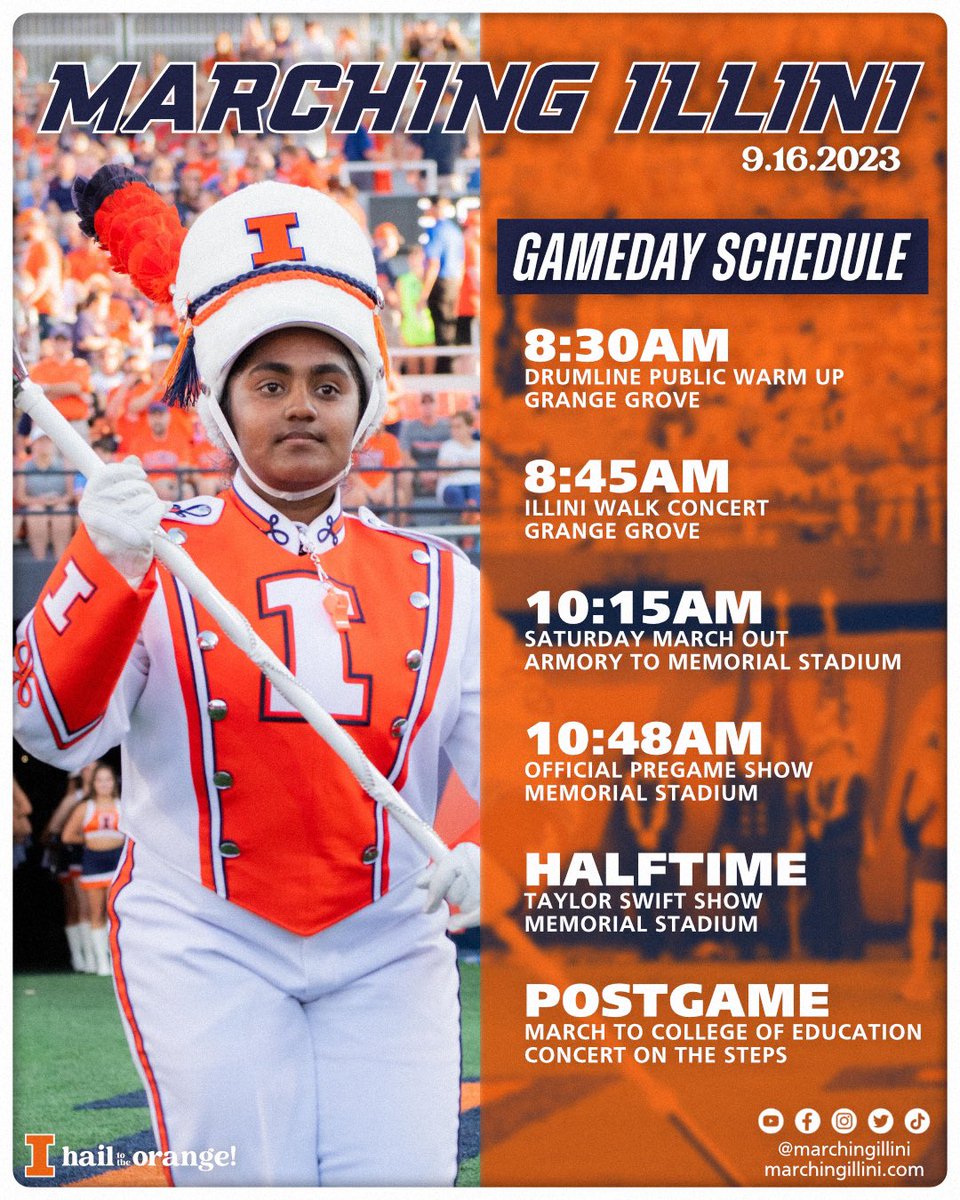 MarchingIllini's tweet photo. Here is our schedule for game #2 with #band155! GO ILLINI! https://t.co/Hyn45Mx6gj