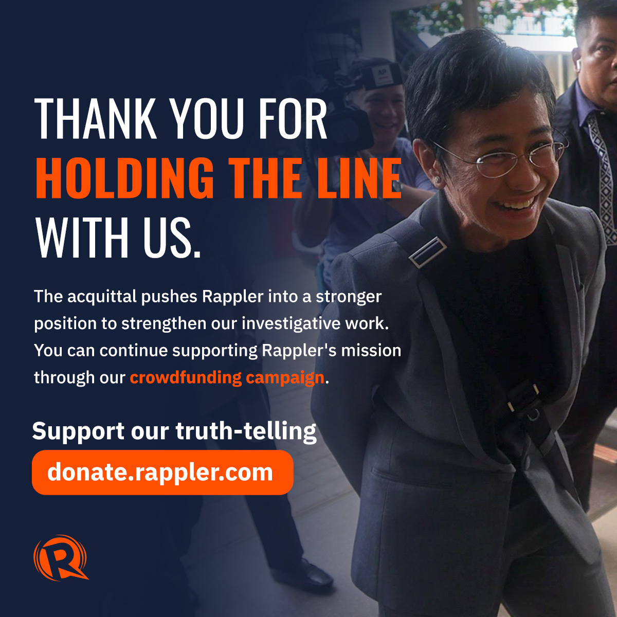 As we celebrate the triumph of facts over politics, we want to thank you for holding the line with us through the years. With the acquittal, Rappler moves to a stronger position to continue our award-winning, independent journalism. donate.rappler.com #CourageON #HoldTheLine