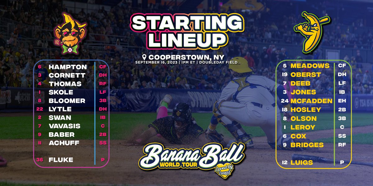 It all comes down to this. The final game of the 2023 Banana Ball World Tour. Who will win it all? 👀 🆚 @ThePrtyAnimals 📍 Cooperstown, NY 🏟️ Doubleday Field 📺 bit.ly/watchbananaball @ 12:30pm ET ⚾️ 1pm ET