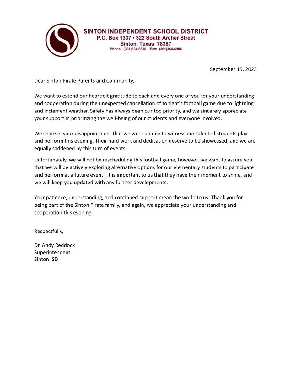 SintonISD's tweet photo. Please see the attached message from Sinton ISD regarding the game cancelation this evening vs Edna due to lightning and severe weather warnings. https://t.co/hJBMF61Vuz
