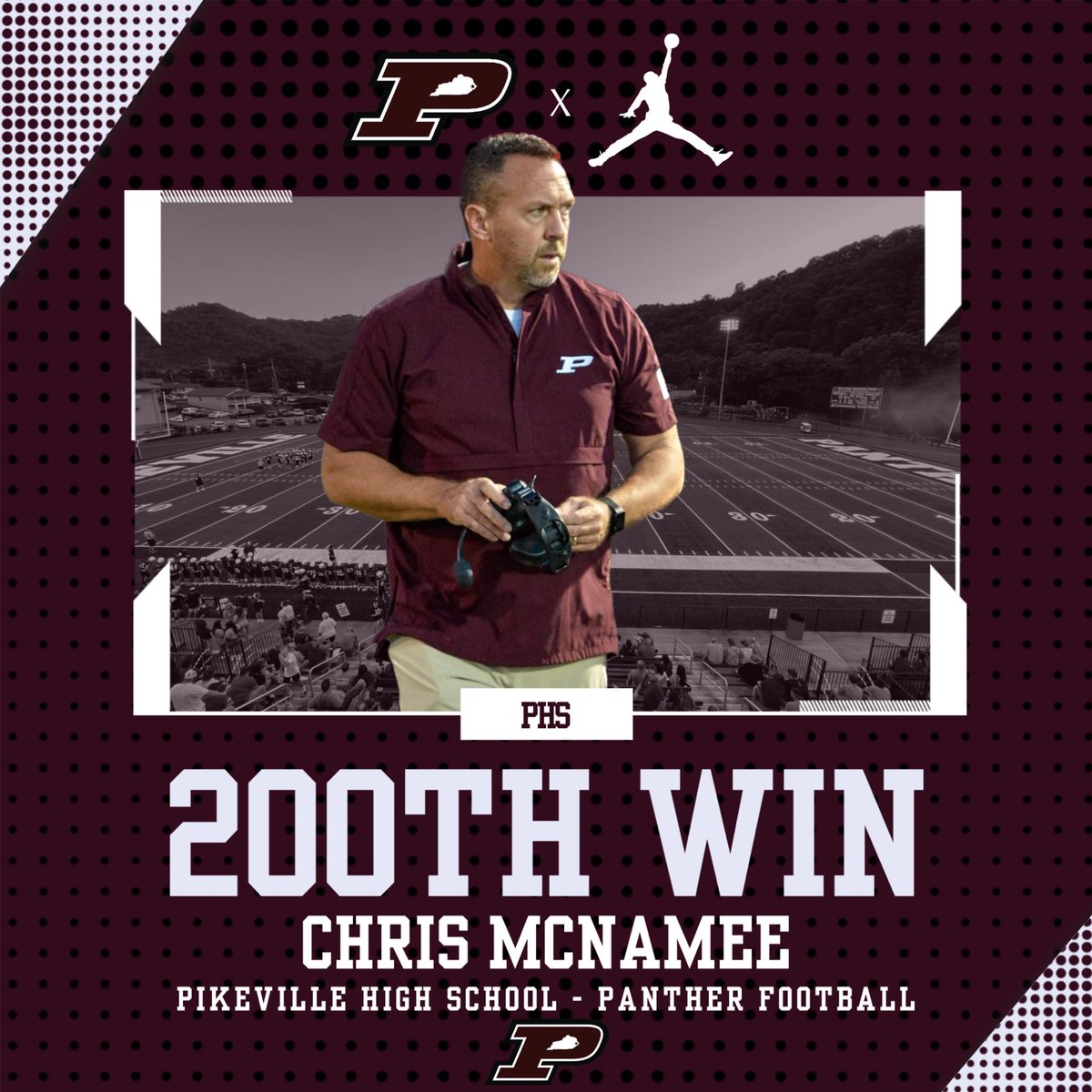 PikevilleHSFB's tweet photo. 𝓐 𝓜𝓲𝓵𝓮𝓼𝓽𝓸𝓷𝓮 𝓯𝓸𝓻 𝓜𝓪𝓬.

Congratulations to Pikeville Panther Head Coach Chris McNamee on his 200th victory as the Head Football Coach at his alma mater! 💯 💯 

#OnOnMaroonAndWhite 🐾 https://t.co/zUs59jqra1