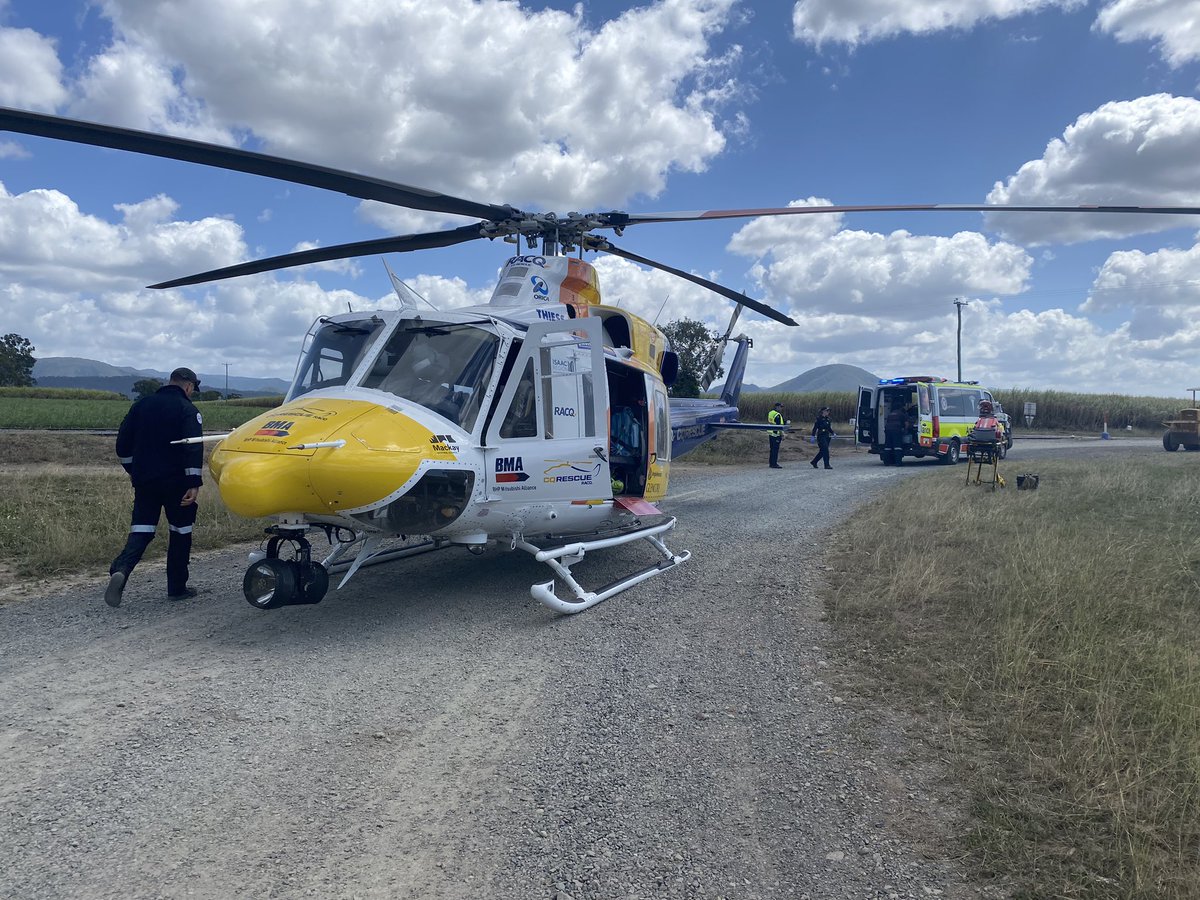 #RACQ #CQRescue has landed at PIndi Pindi after being tasked by <a href="/qldhealth/">Queensland Health</a> to an accident between a car and motorbike on the Bruce Highway at Yalbaroo.