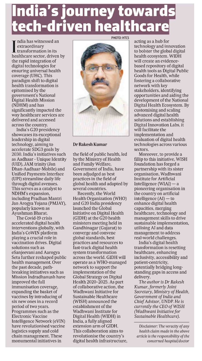 My article on Global Initiative for Digital Health and WISH Foundation's contribution to it as Wadhwani Institute of Digital Health, recently published in the city edition of HT. @NITIAayog.@PMOIndia @pushkardhami @MoHFW_INDIA @USAIDIndiaMD @WHOSEARO @UNICEFIndia @BMGFIndia