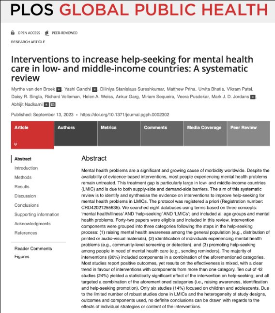 YashiGandhi's tweet photo. Publication Alert 🚨
Here's presenting a synthesis of interventions that can help improve #helpseeking behaviours for #mentalhealth care in #LMICs
https://t.co/dNAelSsjPZ (1/5) https://t.co/VrBK456azF