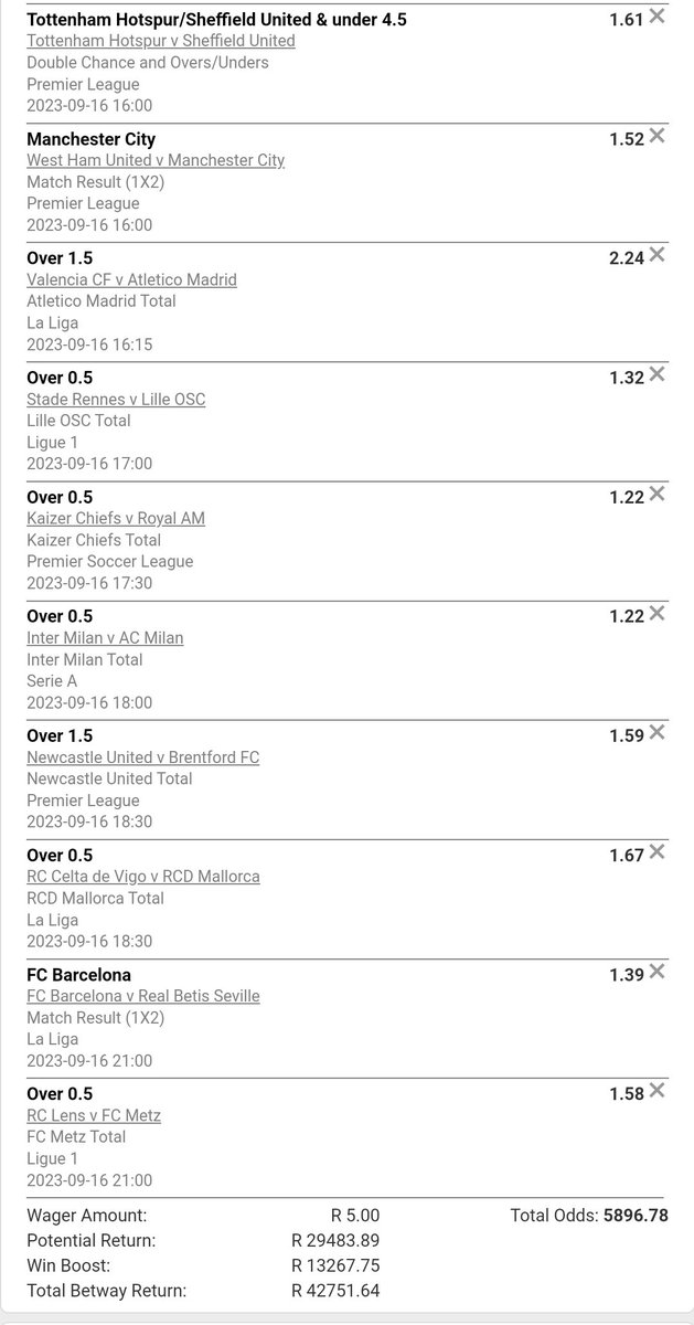 ⚠️ Goals, DC &amp; Straight Win⚠️📢 

Kick off: 13:30
Code: X572D6D4D
Odds: +5800
Legs: 21
NB. Edit/Cut (Too Risky)

Retweet 🔁