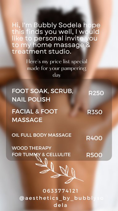 Massage therapist in Port Elizabeth  #massageinportelizabeth #waxingportelizabeth #vajacialportelizabeth<a href="/tag/massageinportelizabeth"class="tags">#massageinportelizabeth</a><a href="/tag/vajacialportelizabeth"class="tags"><span>#vajacialportelizabeth</span></a><a href="/tag/waxingportelizabeth"class="tags"><span>#waxingportelizabeth</span></a>