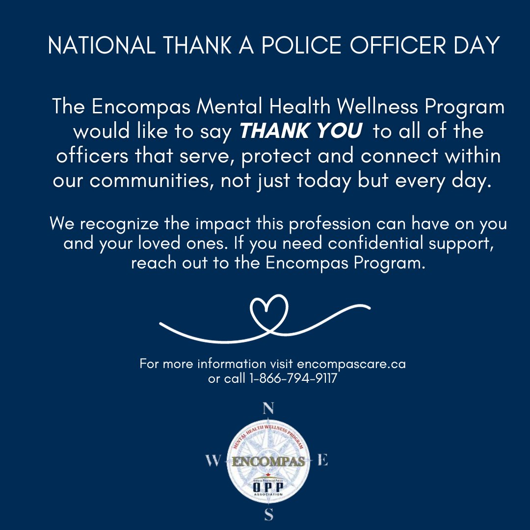 OPPAssociation's tweet photo. Saturday, September 16th, 2023 is National Thank A Police Officer Day. Read message from the Encompas Mental Health Wellness Program: https://t.co/qekOjr2rC2 #opp #police #mentalhealth #FirstResponders #PoliceFamily #wellness #mentalwellness #thankapoliceoffcer #tacop https://t.co/MajBw9qtwZ