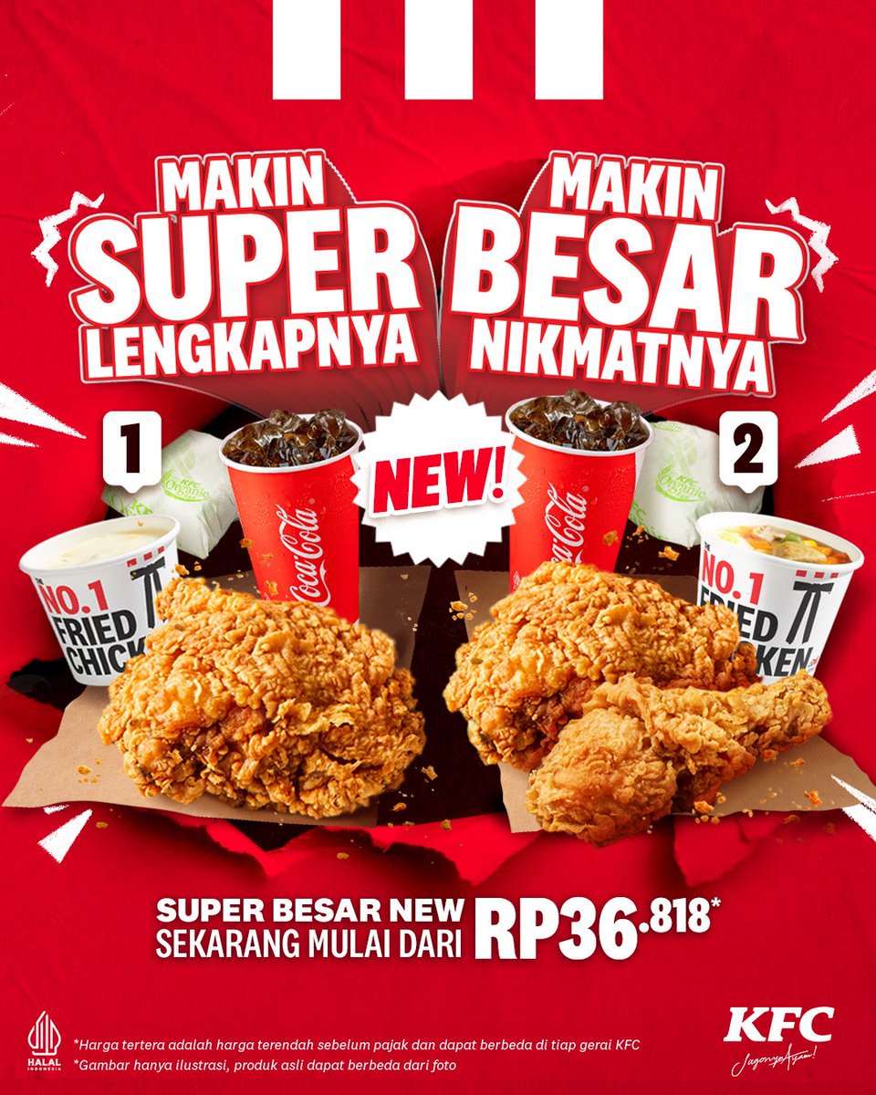 KFCINDONESIA's tweet photo. SUPER BESAR NEW kini hadir dengan varian yang lebih lengkap!🍗✨

Mulai dari 36RB-AN* aja, kamu bisa nikmatin renyahnya ayam goreng KFC, nasi hangat yang pulen, Coca-Cola untuk menyegarkan dahaga kamu, DITAMBAH 1 side tambahan yang bisa kamu pilih (Perkedel/KFC Soup/Cream Soup)! https://t.co/fVnuonlemF