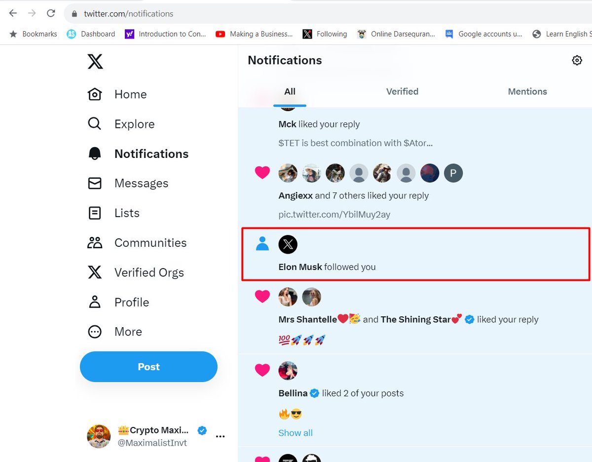 Web3OG's tweet image. Good Morning Everyone , Love to see this notification 
#elonmusk followed you 💕🥇

#elonmuskfans #elonmusk #Twitter #CryptoX 
#CRYTPO 

P
