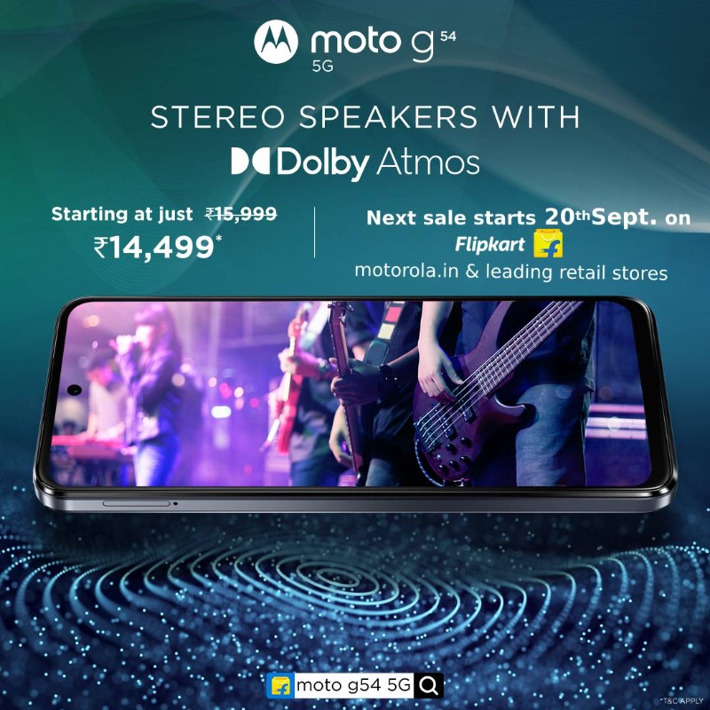 motorolaindia's tweet photo. Immerse yourself in sound with the #motog54_5G! Delight in enhanced bass and crystal-clear audio with Dolby Atmos® and stereo speakers. Next sale starts 20th Sept on @flipkart, https://t.co/azcEfy2uaW and at leading retail stores. #GoBeyondSpeed.
