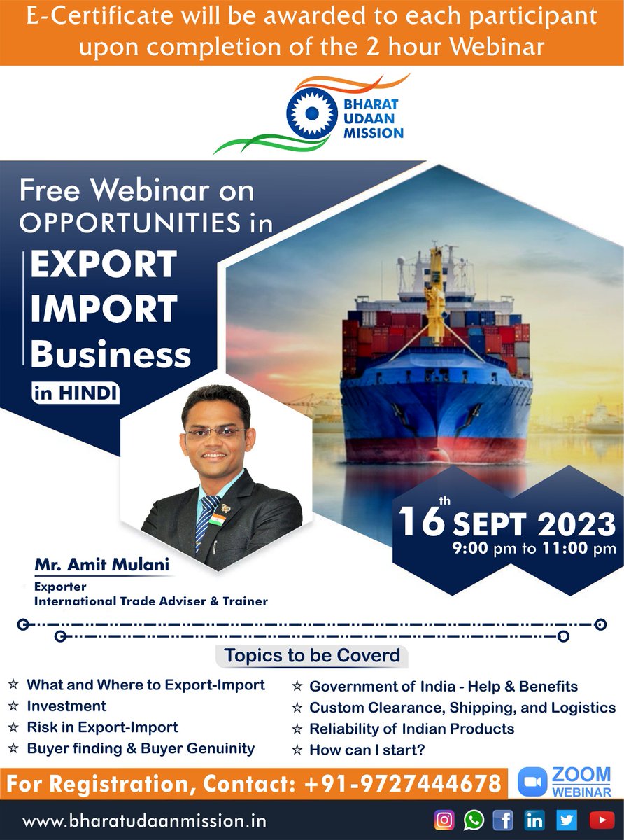 BharatUdaan's tweet photo. 🔰 Free Webinar on Opportunities in EXPORT IMPORT Business 🔰 (In Hindi)

Date: 16/9/2023 (TODAY) 
Time: 9.00 PM to 11.00 PM

Registration Link⤵️
https://t.co/dHLRASIyIA

Contact us: 9727444678
Website: https://t.co/BJk1re0ciN https://t.co/cbxm8gcb5f