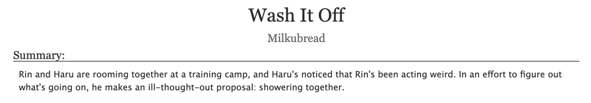 milkubread's tweet photo. Make It Quick | #harurin #rinharu #splashfree
✧ Free
✧ Haru/Rin
✧ 4.9k (complete)
✧ Rated E
✧ Prompt fill for make a splash! 

In an attempt to figure out what's been going on with Rin, Haru makes a terrible judgement call—or maybe a perfect one.

https://t.co/20TyvhEIhK https://t.co/QZWymg9oDb