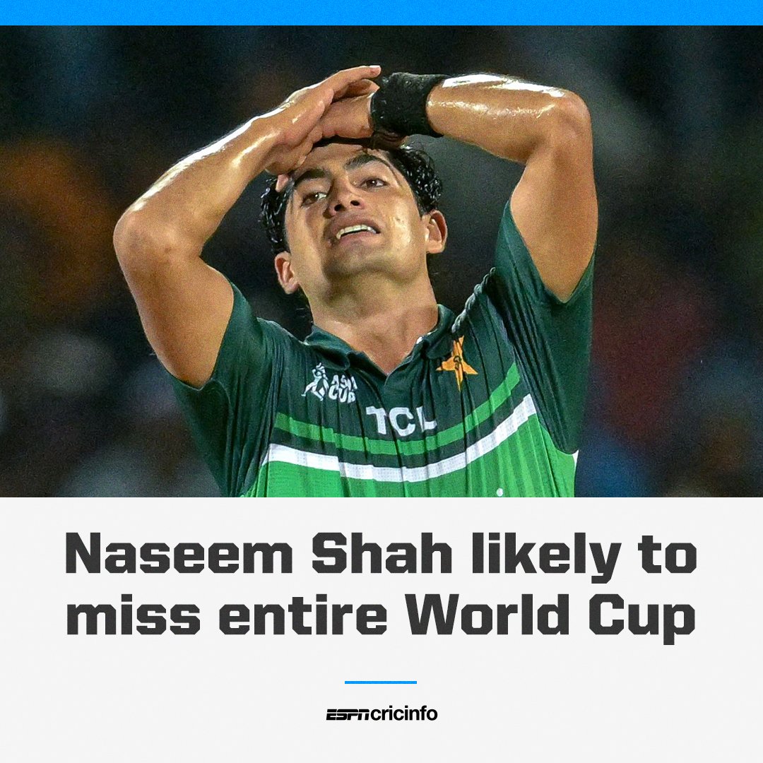 cricinfo's tweet photo. BREAKING: Naseem Shah is likely to miss the ODI World Cup 🤕 

Full story: https://t.co/vKju9U0zy4 https://t.co/i6iTsXEZwp