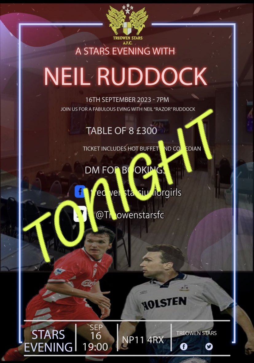 Treowenstarsfc's tweet photo. Tonight we welcome the legend that is  @RealRazor to the Stars 🤩

Been looking forward to this one for a long time and it’s finally here. ⚽️🍻

Ticket only event. 👍🏻 https://t.co/ZDSWr03qP5