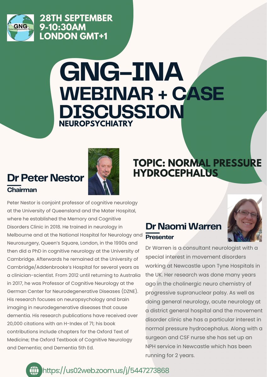 We are pleased to announce our next GNG-INA monthly Neuropsychiatry academic meeting. It’s on 28th Sep 9-10:30 am UK time. Topic: Neuropsychiatry of Normal Pressure Hydrocephalus. Here is the link to register. inawebsite.org/webinar-regist…