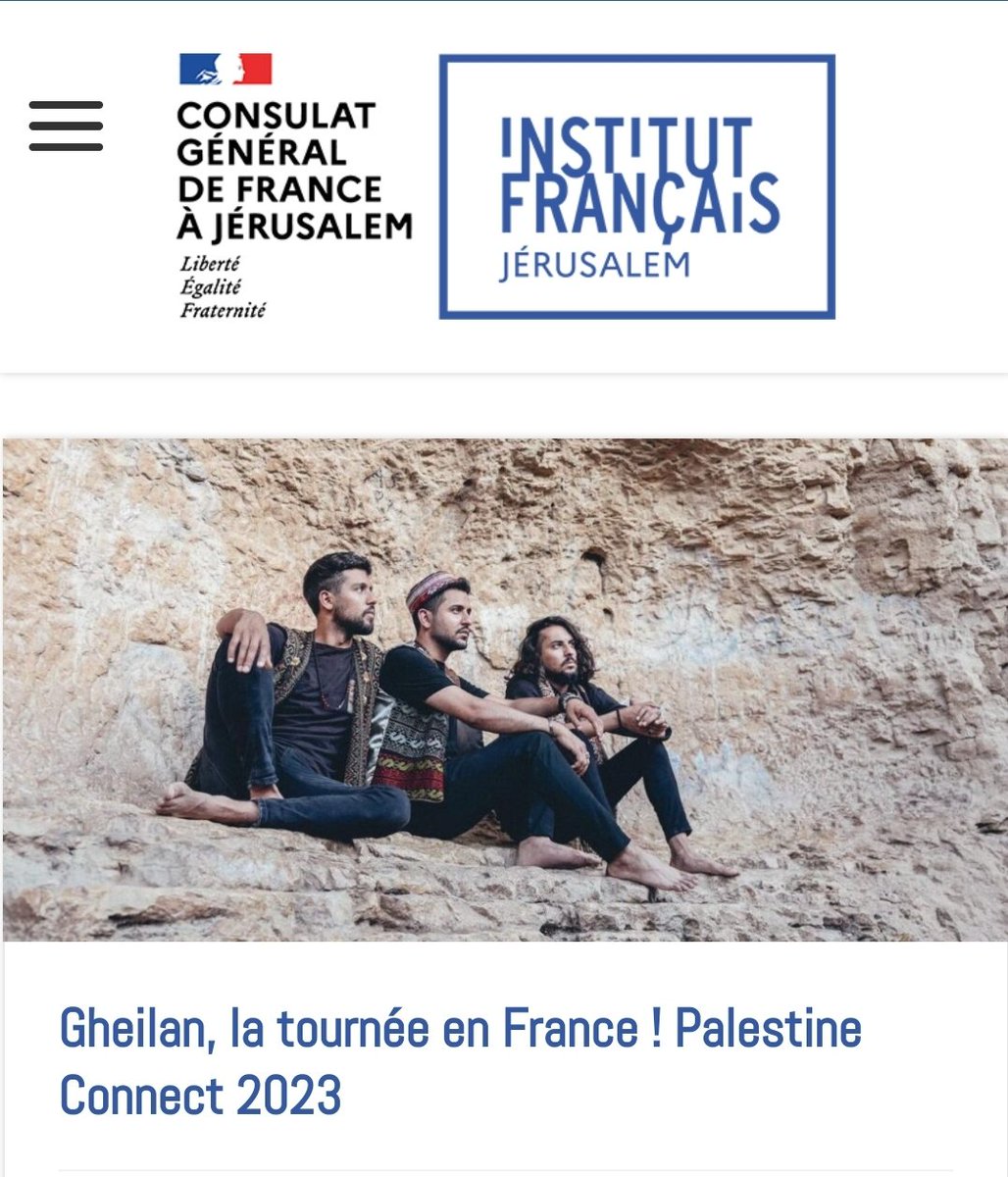 La tournée française du groupe Gheilan débute ce soir à Montpellier au <a href="/FArabesques/">Festival Arabesques</a>.

Elle se poursuivra à Bordeaux au @RocherdePalmer puis à Paris à <a href="/imarabe/">Institut du monde arabe</a>, <a href="/musiquesdumonde/">Villes des Musiques du Monde</a>.

Dans le cadre du projet #PalestineConnect soutenu par <a href="/FranceJerusalem/">France à Jérusalem 🇫🇷 🇪🇺</a> et <a href="/IFjerusalem/">Institut français de Jérusalem</a>