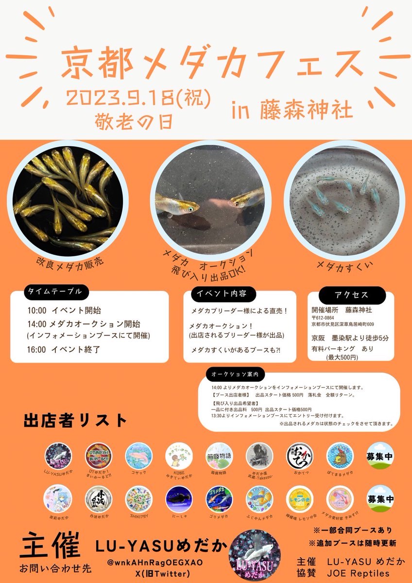 明後日9/18（祝）の京都メダカフェスではオークションが行われます✨✨
時間は１４時の予定でしたが繰り上げて１３時からです！
お間違えの無いようお願いします
OTめだかからは竜章鳳姿（リム上げ中）１ペアと何かの🥚を1セット、計２セットご用意します
ぜひお安く手に入れてくださいね