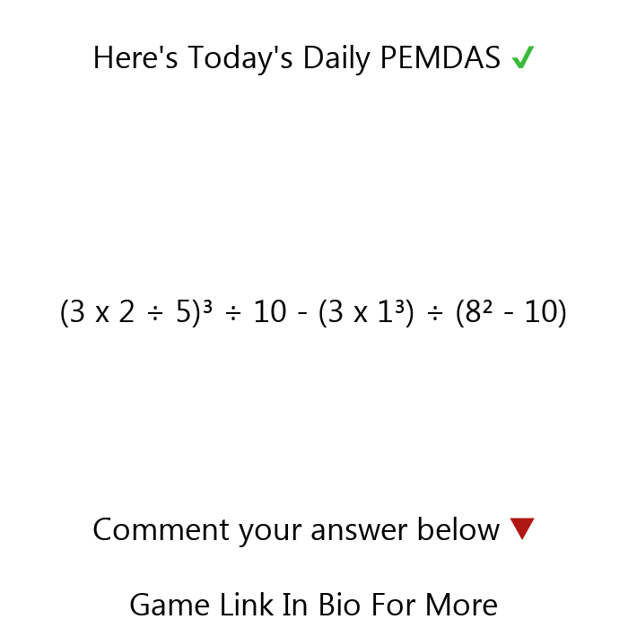 QuickMathDaily's tweet image. The officially correct answer will be commented below in 23 hours! 🧠🏆✅

Afterwards - Go test your brain on 3 more PEMDAS problems and other Daily math games via our iOS game link in bio!

#maths #mathproblems #dailymath #math #mathskills #mathteacher #mathstudent #pemdas