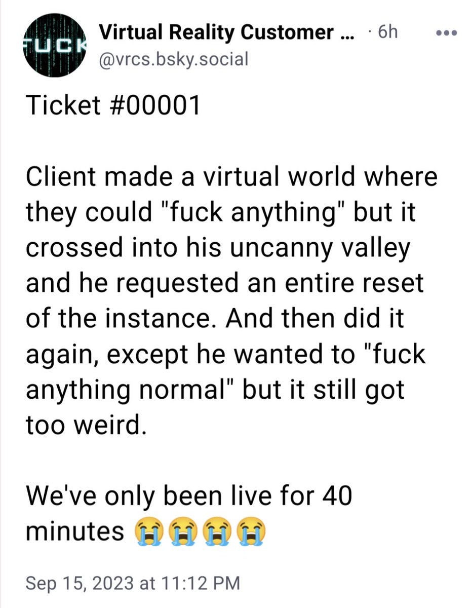 Getting back on my bullshit under azure firmament with a new comedy project. Check it out if you're there! This is my spiritual successor to <a href="/StarfinderFacts/">Starfinder Facts, Now With 100% More ORC</a> so I hope people enjoy irreverent humor exploring the endless possibilities of virtual reality