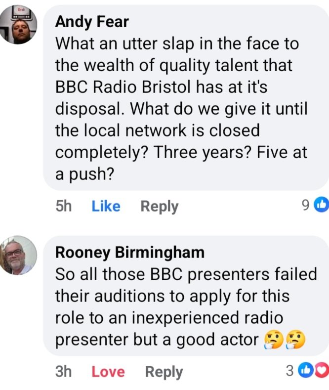 This week will be remembered as when the BBC employed an ACTOR to do breakfast, the most important show of the day, on #BBCRadioBristol having SACKED staff with YEARS of experience. 
The response from radio listeners was instant...