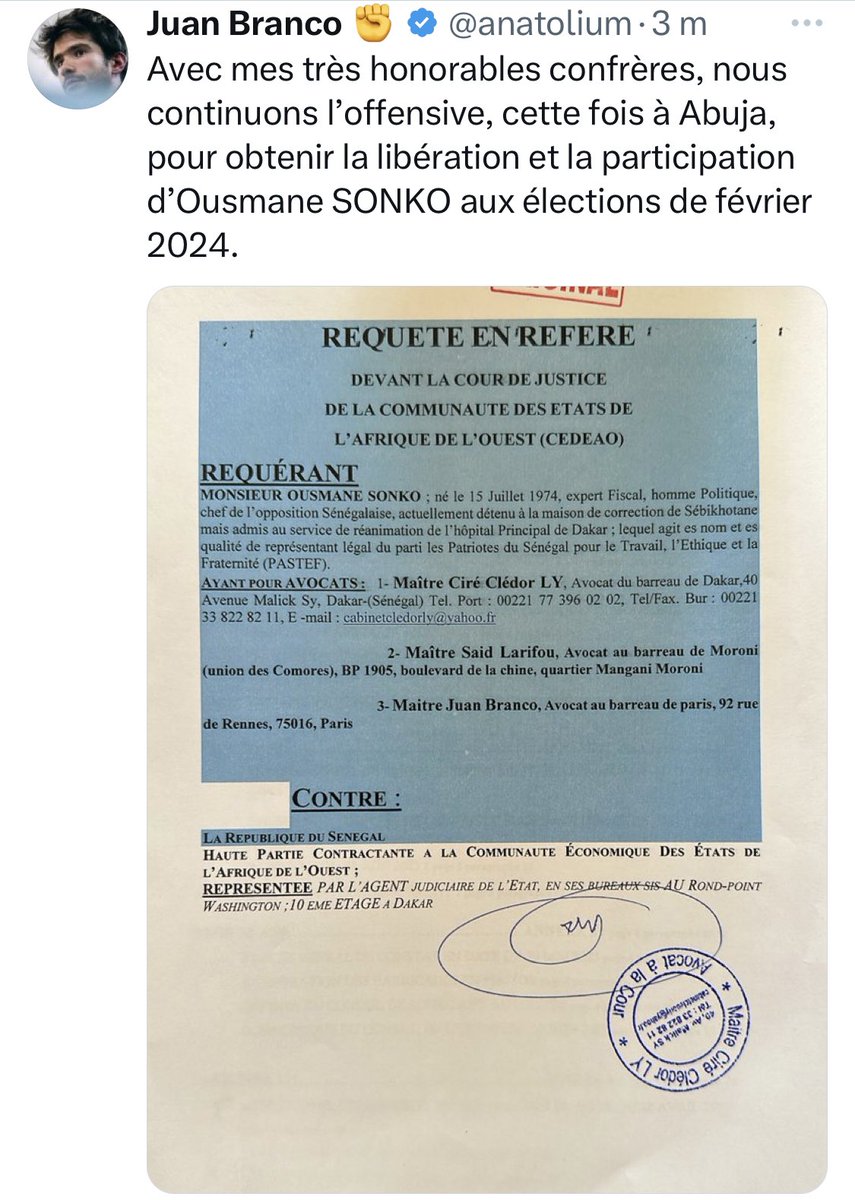 Les avocats du pdt <a href="/SonkoOfficiel/">Ousmane Sonko</a> saisissent la Cour de Justice de la CEDEAO.