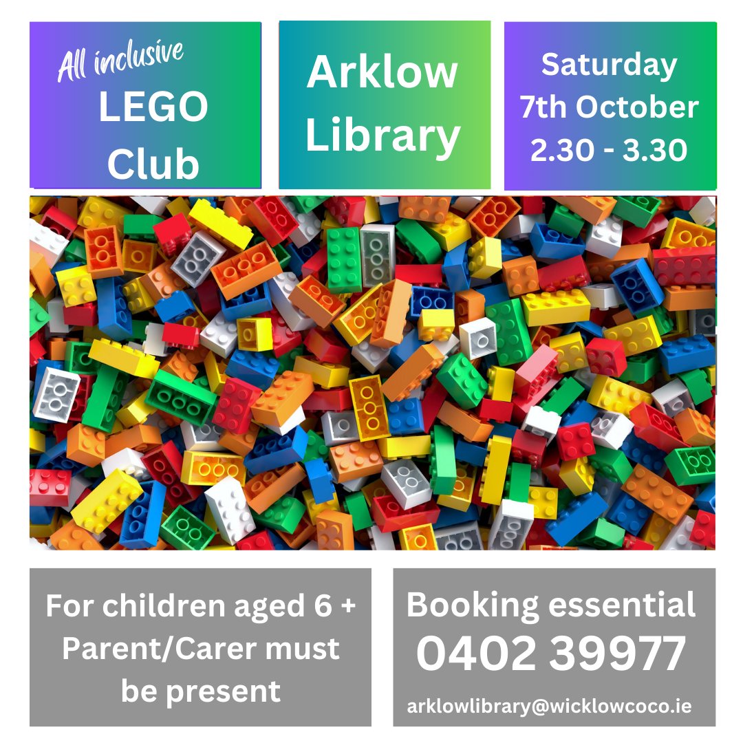 Join the building fun at #Arklow Library's monthly LEGO Club! Book now for Saturday 7th October. Call 0402 39977 or email: arklowlibrary@wicklowcoco.ie This event is for children aged six and up. #Wicklow #YourCouncil