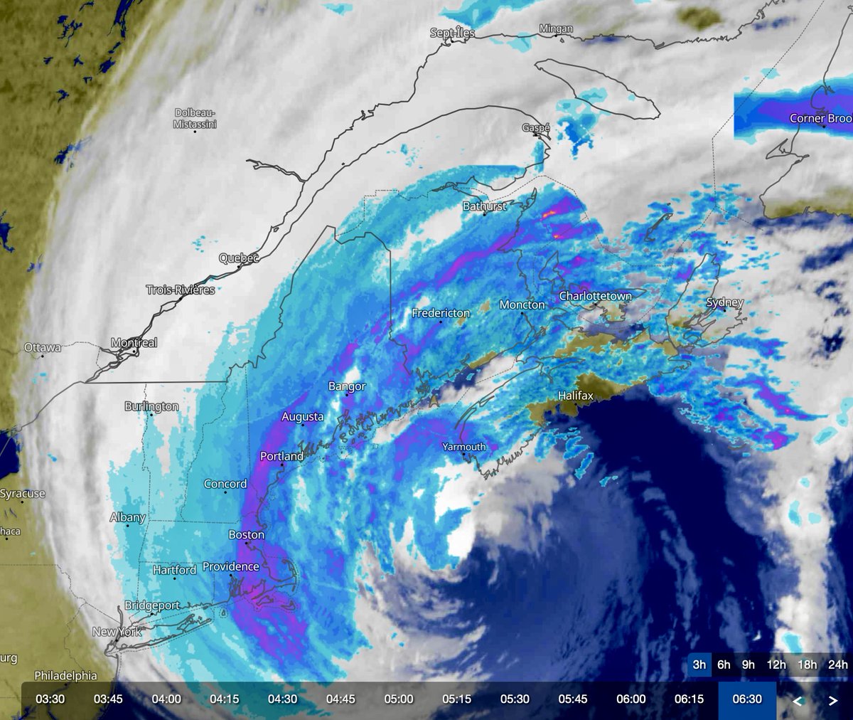 At 7:00 a.m.: Post-tropical Storm Lee now sits 120 km S of Yarmouth! Lee remains a large, powerful storm! #BeSafe #storm
