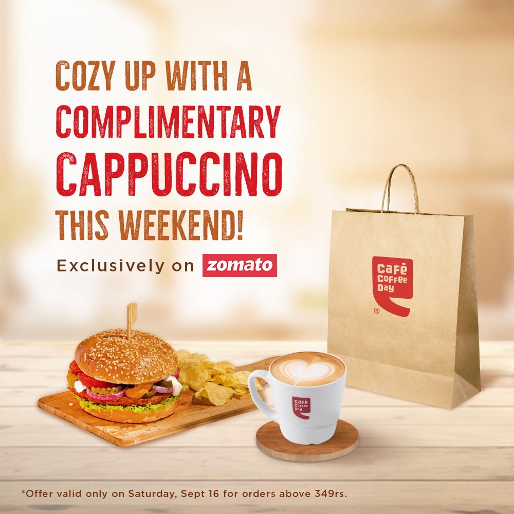 Treat yourself to a delicious Cappuccino on the house this weekend by placing orders above 349rs. on Zomato exclusively. Avail the offer by using the link - link.zomato.com/xqzv/pluknhfn #cafecoffeeday #coffeelovers #CCD #zomato #weekend #cappuccino