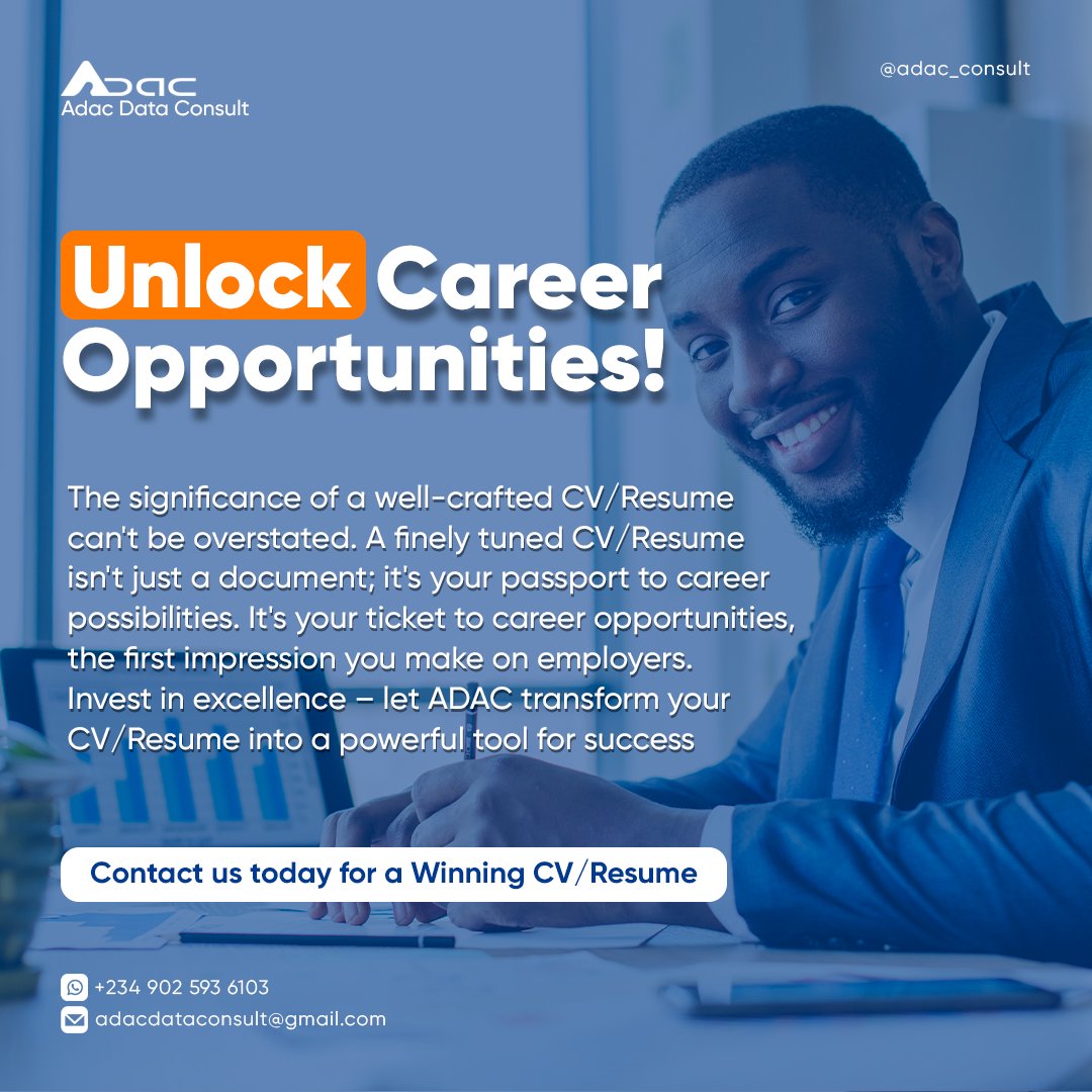Your CV/Resume is your ticket to a great job! 

Let ADAC create it for you, so you can land your dream career. Start your journey to success with us. 🚀📝

#YourPathToSuccess #ADACResumeMagic