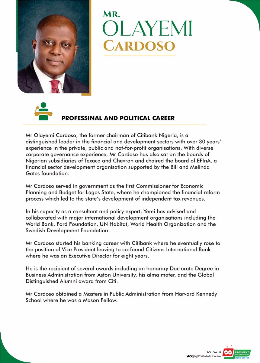 PBATMediaCentre's tweet image. Meet the newly nominated @cenbank Governor and his Deputies:

- Mr. Olayemi Cardoso;
- Mr. Muhammad Dattijo; and
-  Mr. Philip Ikeazor.

#VillaToday