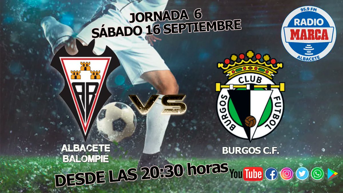 RadioMarcaAB's tweet photo. ⚽Día de partido!! Juega el Alba en Radio Marca Albacete
💥Sábado de Feria, Sábado de Alba
➡️ 20:30 h la PREVIA 
🕘 21 h ⚽ #AlbaceteBPBurgosCF
🎙️  Narrado por @Tochecini
 📻95.9 FM, Facebook, YouTube, Twitch, App y web 
😍Nos acompañas? https://t.co/OQ06tvl9VF