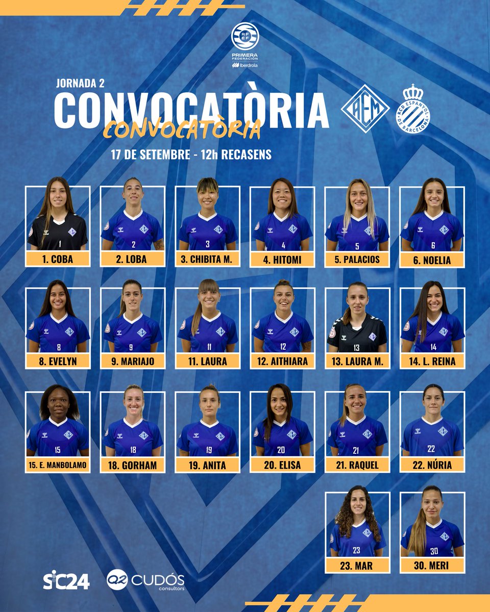 📋 𝗖𝗢𝗡𝗩𝗢𝗖𝗔𝗧𝗢𝗥𝗜𝗔

Aquestes són les jugadores convocades per a disputar el partit de demà contra el RCD Espanyol.

#AEMetstuAEMsocjo #partdelsomni