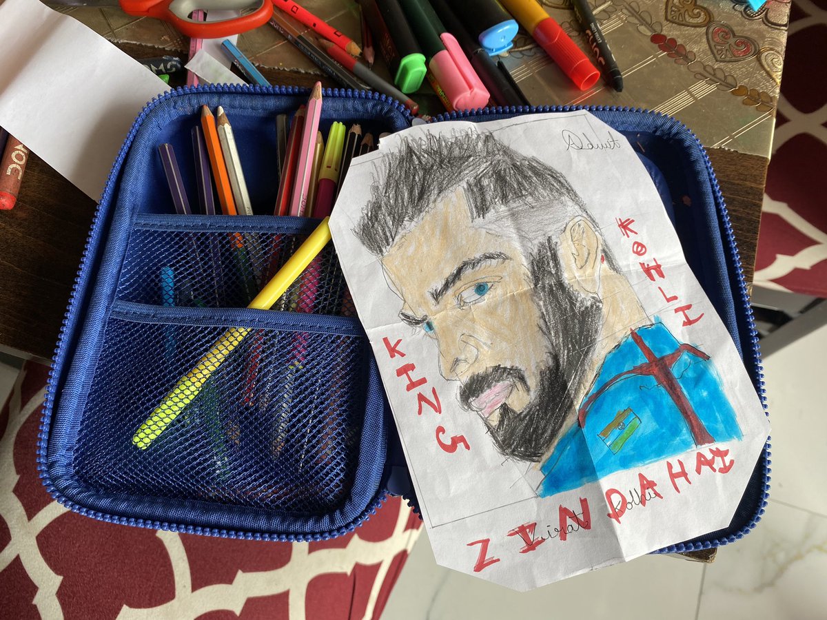 iMitendra's tweet photo. Hi Virat, this is love from my 8yr old kid Adwit to you ✌️🇮🇳 #KingKohli https://t.co/ikHn0lj94S