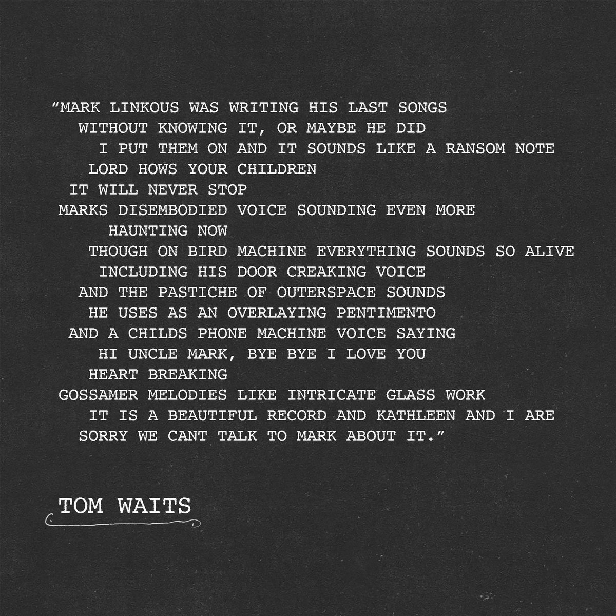 JeroenMirck's tweet photo. Tom Waits loves #BirdMachine. “Sorry we can’t talk with Mark (Linkous) about it.” #Sparklehorse https://t.co/cQwieEGJlR
