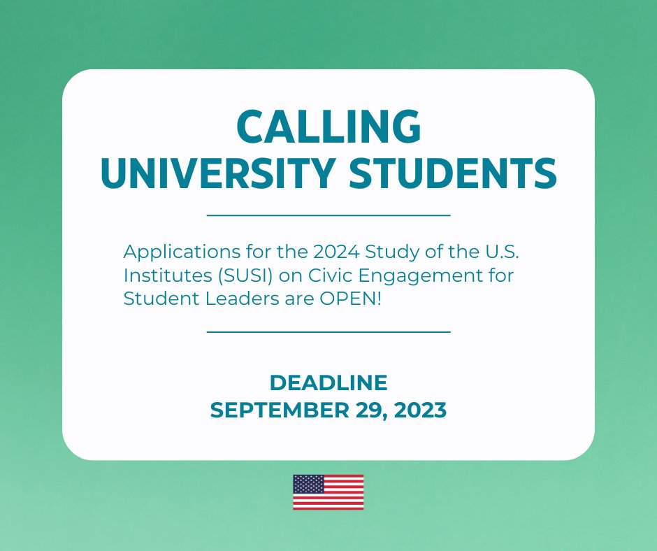 𝗔𝗽𝗽𝗹𝗶𝗰𝗮𝘁𝗶𝗼𝗻𝘀 for the Study of the U.S. Institutes (SUSI) on civic engagement are now 𝗢𝗣𝗘𝗡! Apply today for this epic five-week leadership training opportunity in the U.S. Applications close on 𝗦𝗲𝗽𝘁𝗲𝗺𝗯𝗲𝗿 𝟮𝟵, 𝟮𝟬𝟮𝟯. 
 
bw.usembassy.gov/funding/