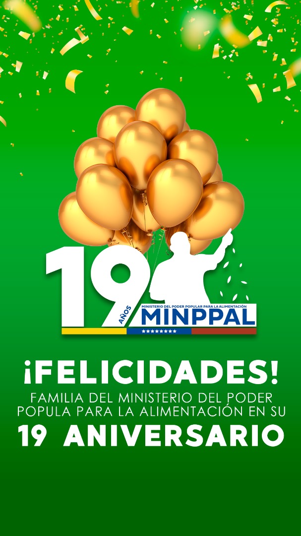 MinAlimenVen's tweet photo. ¡Hoy estamos de Aniversario! Gracias al pueblo venezolano y a la Familia de la Misión Alimentación por acompañarnos en esta trayectoria y misión de #19AñosDelMinppal, que nos ha permitido contribuir a garantizar el derecho humano a la alimentación de Venezuela. #MinppalEsPueblo https://t.co/V3pDX1qUqw