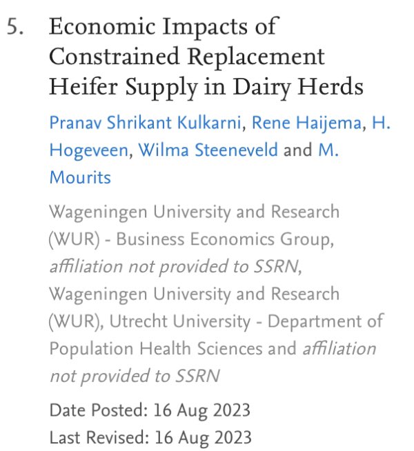 Our latest #preprint  makes the #top10 list of #animalscience  papers on @SSRN. Do give it a read to know about #Dairy #cattle  replacement and #decisionmaking support for #dairyfarms
Shout out to mentors: @henkhogeveen, Monique M, Wilma S, Rene H. papers.ssrn.com/sol3/topten/to…