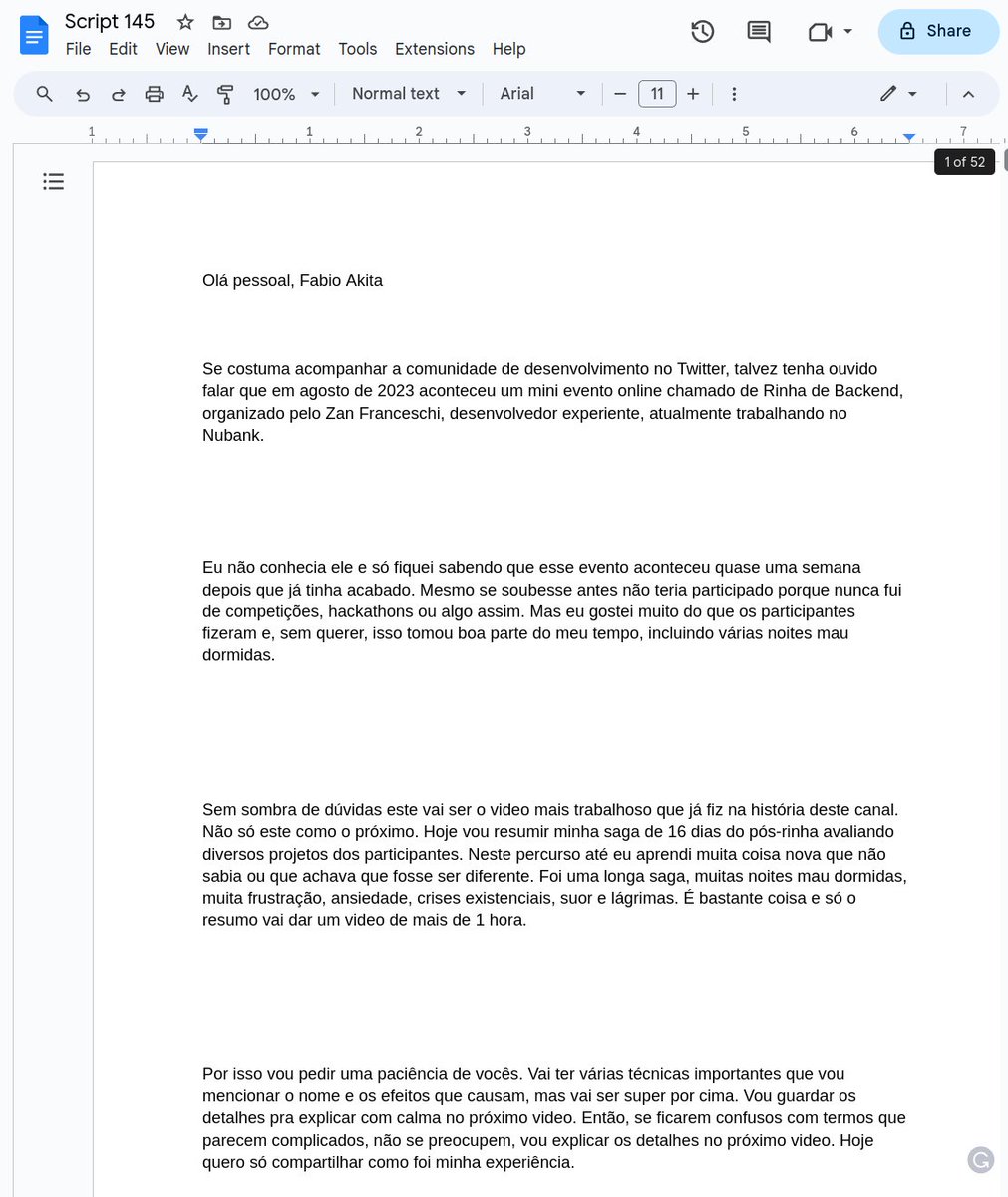 AkitaOnRails's tweet photo. "16 Linguagens em 16 Dias" #Rinhadebackend A Saga.
Finalmente consegui compilar todos os meus tweets das últimas 2 semanas e pouco num script de 50 páginas! Esse ainda é o 1o rascunho, agora vou começar a revisar. Mas se nada der errado, semana que vem, no máximo começo da outra semana, vai ter o video. Vai ser um épico de mais de 1 hora, sem dúvida.
E vai continuar num 2o video logo depois, que vai ser o detalhamento técnico de tudo. Podem aguardar, vai sair!! 🦾