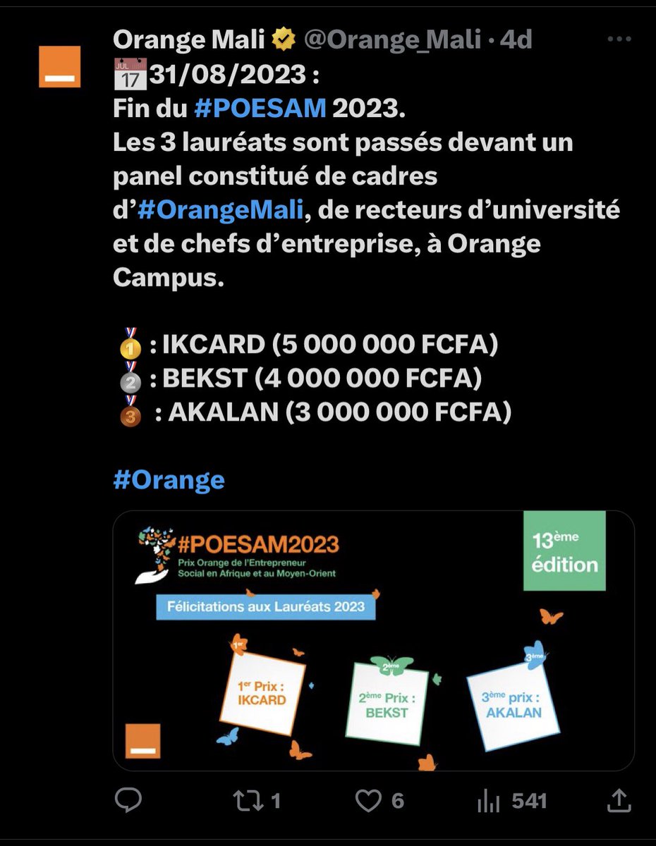 ikcardMali's tweet photo. #Sistra-Technologies a le plaisir de vous informer que nous venons de remporter le premier prix au concours #POESAM ( Prix #Orange de l'Entrepreneur Social en #Afrique et Moyen-Orient)  à travers notre projet #IKCARD la toute première carte de visite connectée au #Mali https://t.co/aIn5iRnV56