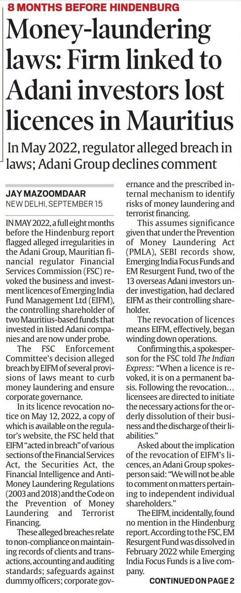 Jairam_Ramesh's tweet image. The stench around allegations of money-laundering and round-tripping against the Adani Group has become even stronger. 

The Mauritius equivalent of SEBI, the Financial Services Commission (FSC), revoked the licences of the controlling shareholder of two Adani-linked funds in May…