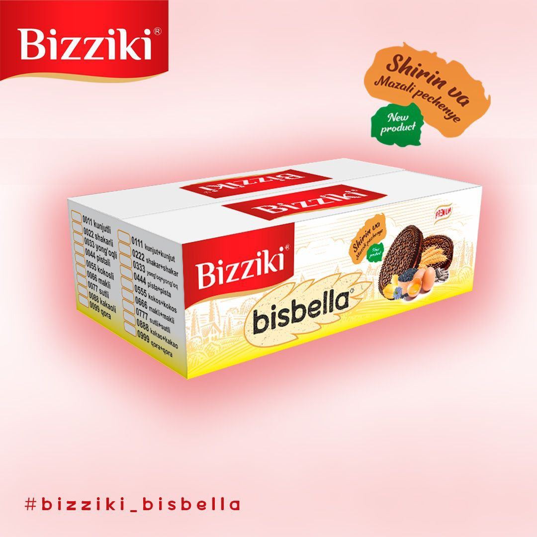 “BIZZIKI”, “Tatli” ва “Sprinters” брендлари остида ишлаб чиқарилаётган сифатли Печенье ва Шоколад маҳсулотларини таклиф этамиз.

— Сифатига кафолат берамиз.
— Маҳсулотимиз бозорларимизда ўз ўрнига эга бўлган маҳсулот.

💰 Келишилган нархда

☎️ +998995999990