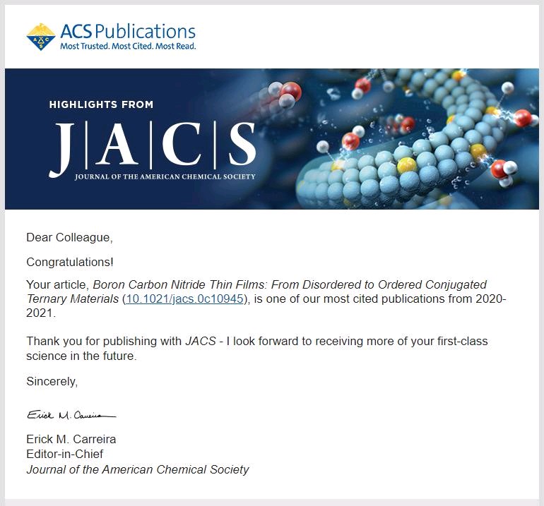 2D Covalent Thin Films (@giustogroup) on Twitter photo Our work on BCN materials has been recognized as one of the most cited paper from 2020-2021 in <a href="/J_A_C_S/">J. Am. Chem. Soc.</a>! Congrats to all the authors for the amazing work once more! <a href="/MpiciPotsdam/">Max Planck Institute of Colloids and Interfaces</a> 🙏🥳👨🔬
have a look! 👉pubs.acs.org/doi/10.1021/ja…
#jacs #semiconductor #thinfilm #mpici Our work on BCN materials has been recognized as one of the most cited paper from 2020-2021 in <a href="/J_A_C_S/">J. Am. Chem. Soc.</a>! Congrats to all the authors for the amazing work once more! <a href="/MpiciPotsdam/">Max Planck Institute of Colloids and Interfaces</a> 🙏🥳👨🔬
have a look! 👉pubs.acs.org/doi/10.1021/ja…
#jacs #semiconductor #thinfilm #mpici