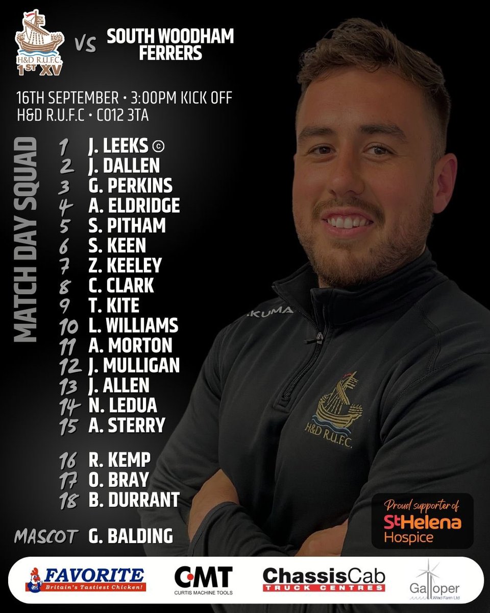 📢 Here’s your H&amp;D 1st XV squad to face South Woodham Ferrers in today’s opening Counties 2 Essex (North) fixture. Clubhouse open from midday. 

▪️Family ▫️Community ▪️Respect ▫️Teamwork ▪️Enjoyment ▫️Discipline ▪️Sportsmanship