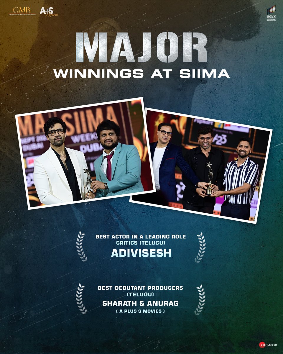 #MajorTheFilm wins two awards at @siima 💥 @AdiviSesh wins the Best Actors - Critics award ❤️ Young producers @anuragmayreddy and #SharathChandra of @AplusSMovies win the best debutant producers ❤‍🔥 #IndiaLovesMajor @SashiTikka @saieemmanjrekar @GMBents @urstrulyMahesh