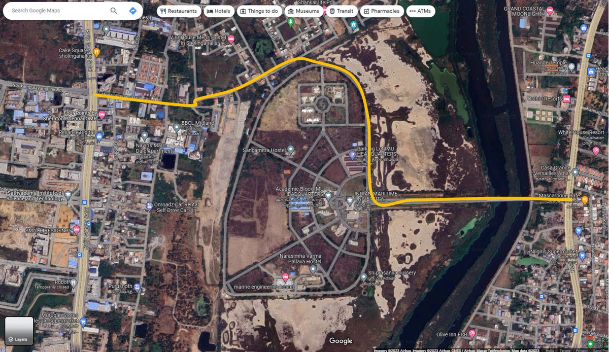 Chennai ECR Uthandi-OMR Semmancheri link. 

Indian Maritime Univ has link to both ECR &amp;OMR with  restricted entry.. why can't be opened up for public with redefining the Univ boundary this will solve Shols &amp; Kelambakkam traffic a bit. <a href="/cvkrishnan/">Krishnan</a> <a href="/TheVenks/">Venks</a> <a href="/VinTN/">VOMMspotter</a> <a href="/UpdatesChennai/">Chennai Updates</a>