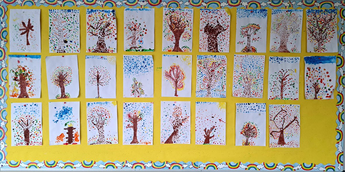 BishopHartyNS's tweet photo. Autumn is in full swing in 1st and 2nd Class🍂🍁 We have our Autumn trees on display. We used pointillism to achieve this result. We had to do PE indoors as a result of our Autumn weather this week #1stand2ndclass #art #warmcolours #physicaleducation @NenaghGuardian @ToomeGAA https://t.co/EicEhPIVrH