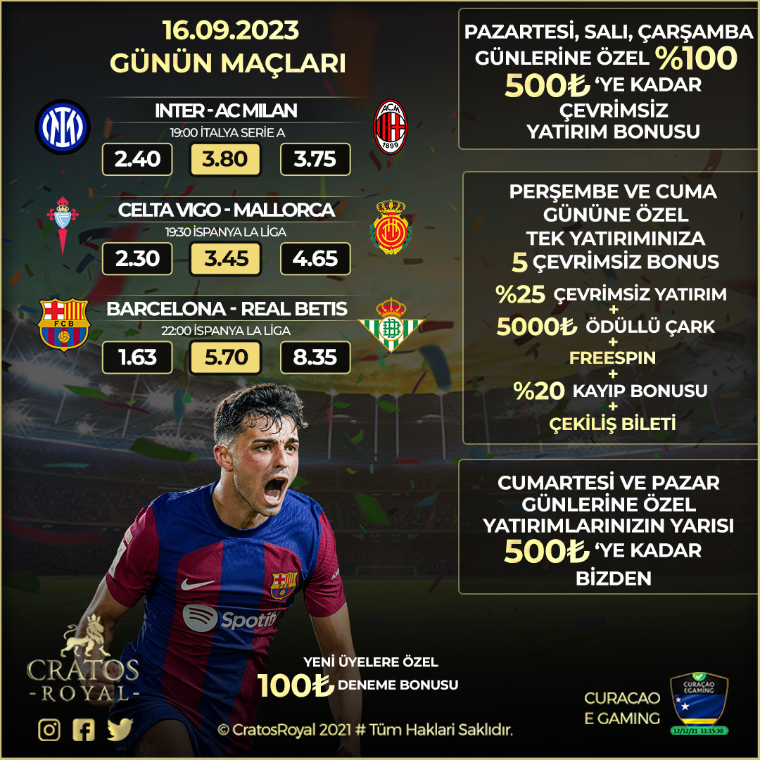 👑#CratosRoyalBet' te Her Gün 12:00 - 16:00 Arası Her Yatırıma %25 Bonus!

🏟Inter - AC Milan
🏟Celta Vigo - Mallorca
🏟Barcelona - Real Betis

🌟 %30 Anlık Kayıp Bonusu!

✅ #Curacao Lisansı ile Ödeme Garantisi!

👉cratos.ws/giris
📺cratos.ws/TV