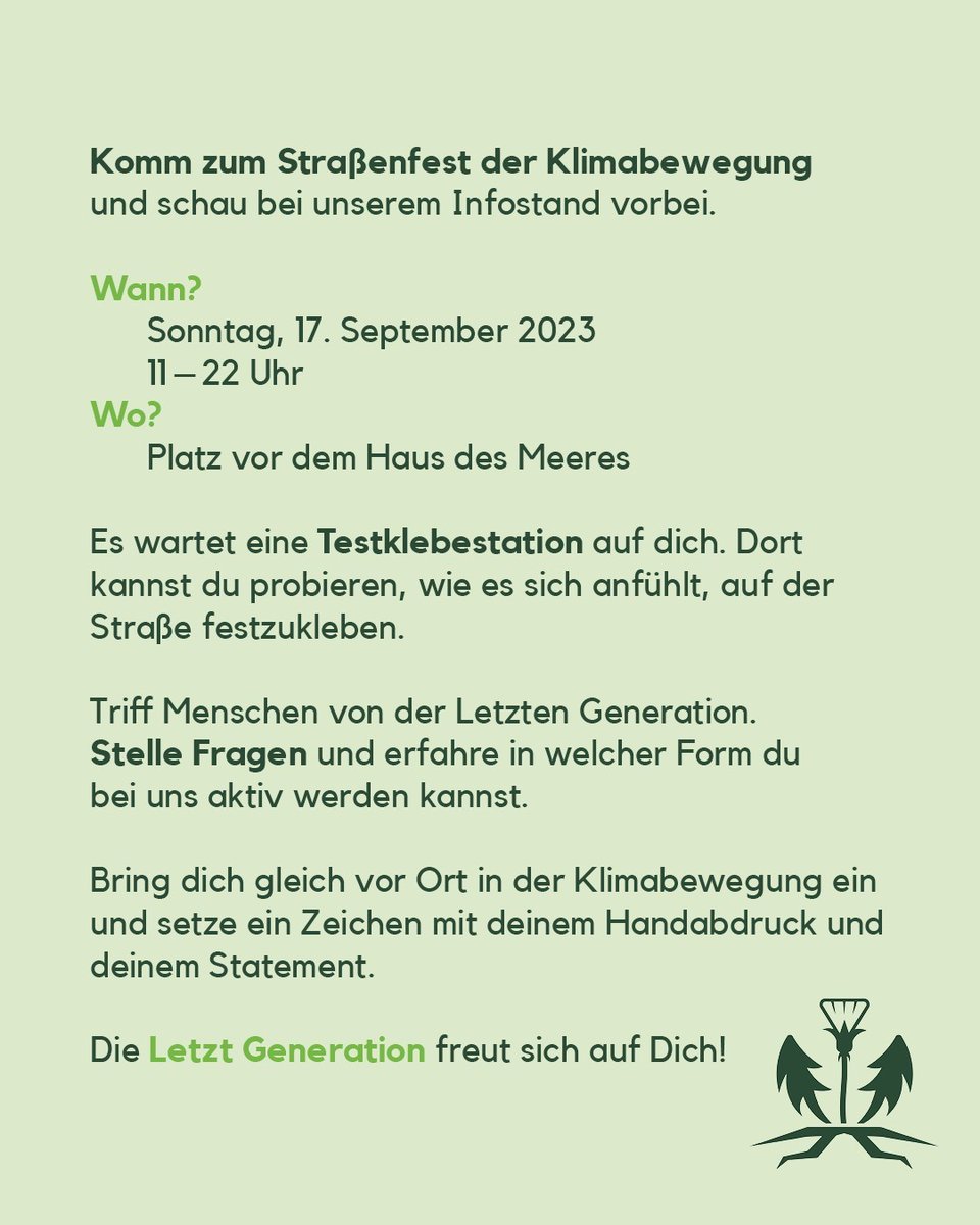 letztegenAT's tweet photo. Komm zum Straßenfest der Klimabewegung und schau bei unserem Infostand vorbei!

📅 So., 17.9. 2023
⏰ 11-22 Uhr
⛳ Platz vor dem Haus des Meeres

Die #LetzteGeneration freut sich auf Dich! 🧡

Nur vernetzt gelingt der Fossil-Ausstieg vor den Kipppunkten: 
https://t.co/PxkBkDebsP https://t.co/pJE7cz6u8d