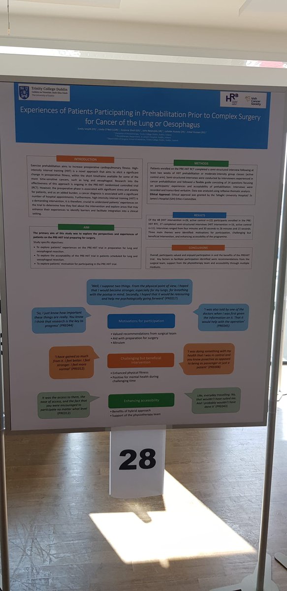 Delighted to see my poster on experiences preparing for lung and oesophageal resection on the PRE-HIIT study at #ICPTO2023

Valuable insights into patient’s motivations, thoughts and needs to support participation in #prehab