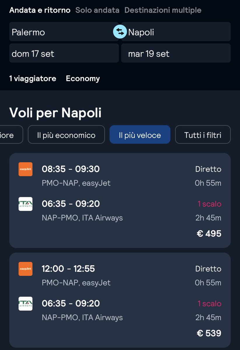 AmedeoAndreozzi's tweet photo. Caro Min.@matteosalvinimi domani è il mio compleanno ed ho pensato ad un bel regalo da parte sua. 500€ per tornare a casa (#Napoli ) e festeggiare con la mia famiglia. Di seguito lo screen del volo A/R da #Palermo !  Dai Matté per te che non paghi neanche la benzina è fesseria https://t.co/jR3ryfPNqJ